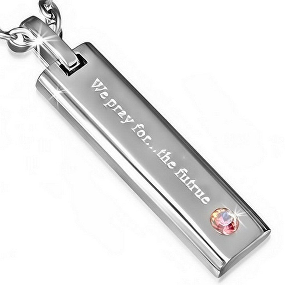 Stainless Steel Silver-Tone Pink CZ We Pray for the Future Pendant Necklace