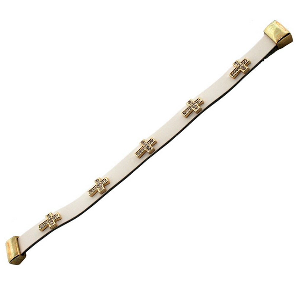 Fashion Alloy White Leather Yellow Gold-Tone White CZ Cross Religious Wristband Wrap Bracelet