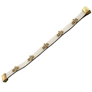 Fashion Alloy White Leather Yellow Gold-Tone White CZ Cross Religious Wristband Wrap Bracelet