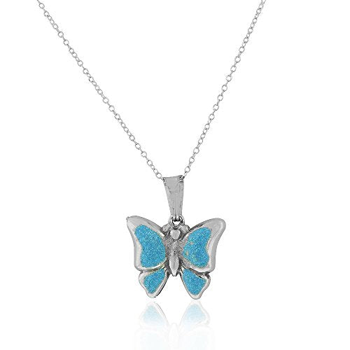 925 Sterling Silver Blue Enamel Glitter Butterfly Charm Pendant Necklace