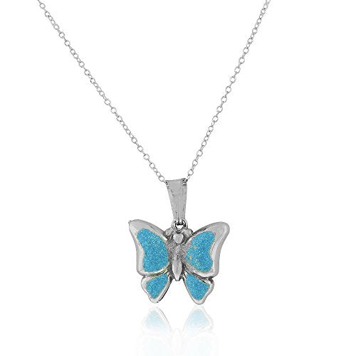 Sterling Silver 3D Green Enamel Glitter Butterfly Charm Pendant Necklace