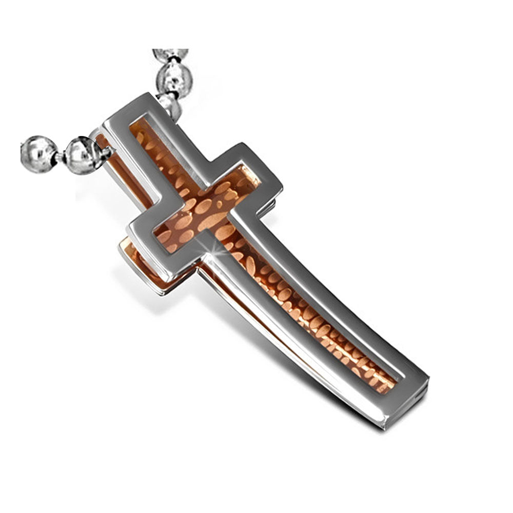 Stainless Steel Rose Gold Silver Two-Tone Religious Latin Cross Pendant Necklace
