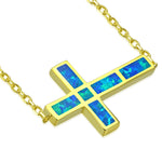 925 Sterling Silver Blue Simulated Opal Sideways Cross Pendant Necklace