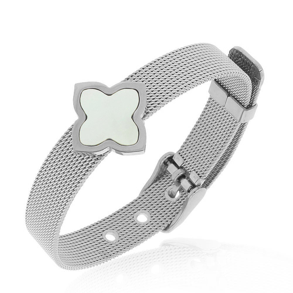 Stainless Steel Silver-Tone Simulated Mother of Pearl Adjustable Mesh Bracelet