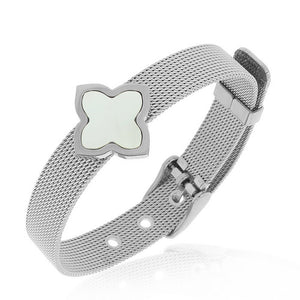 Stainless Steel Silver-Tone Simulated Mother of Pearl Adjustable Mesh Bracelet