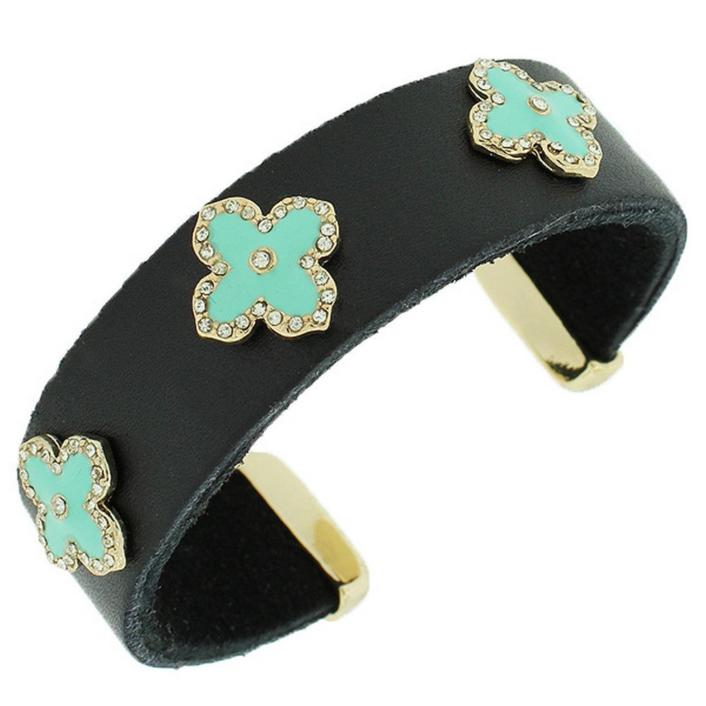 Fashion Alloy Black Leather Yellow Gold-Tone White CZ Open End Bracelet