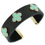 Fashion Alloy Black Leather Yellow Gold-Tone White CZ Open End Bracelet