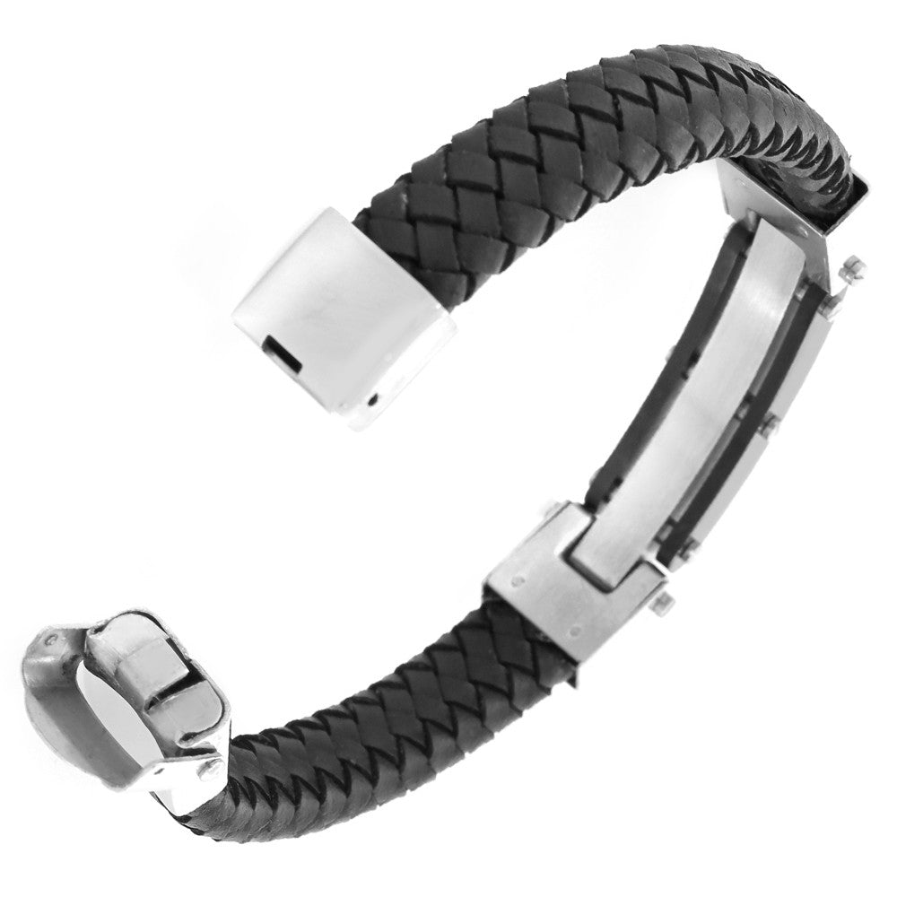 Stainless Steel Silver-Tone Black Leather CZ Men's Bracelet