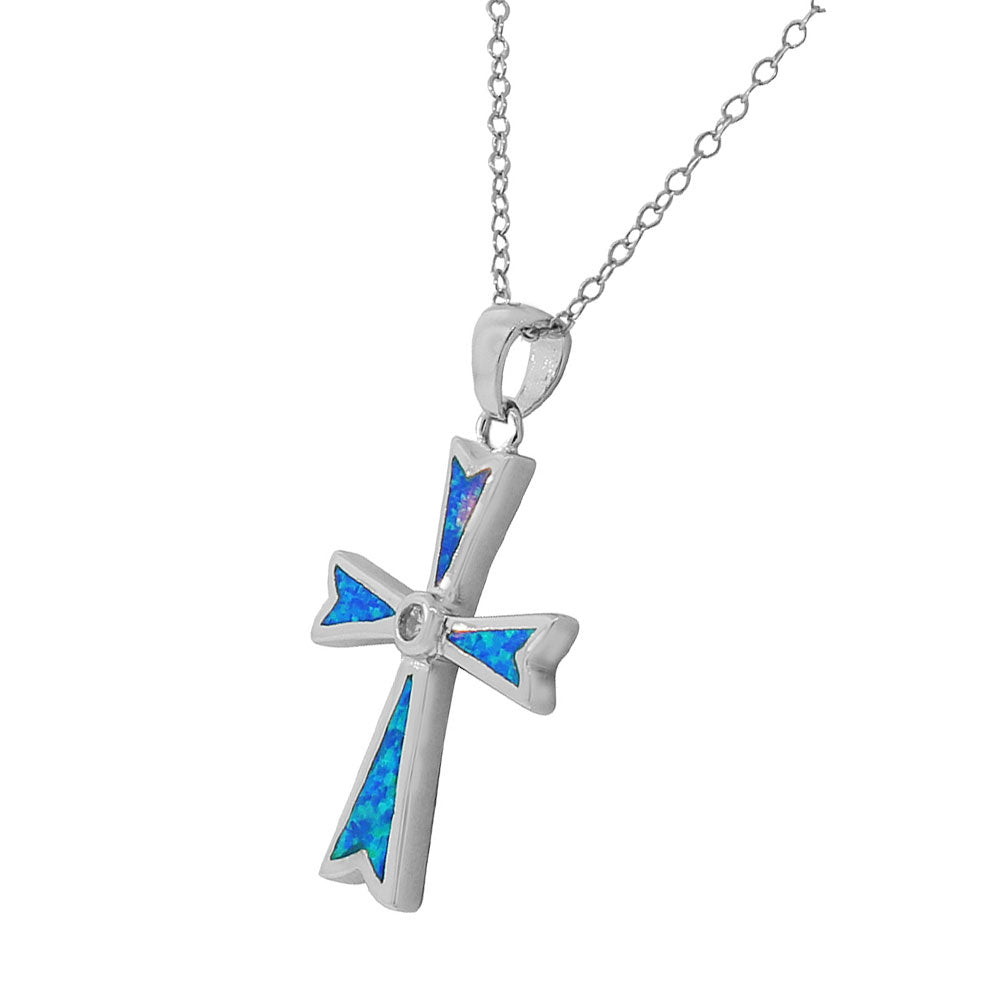 925 Sterling Silver Religious Cross Blue Turquoise-Tone Simulated Opal CZ Pendant Necklace