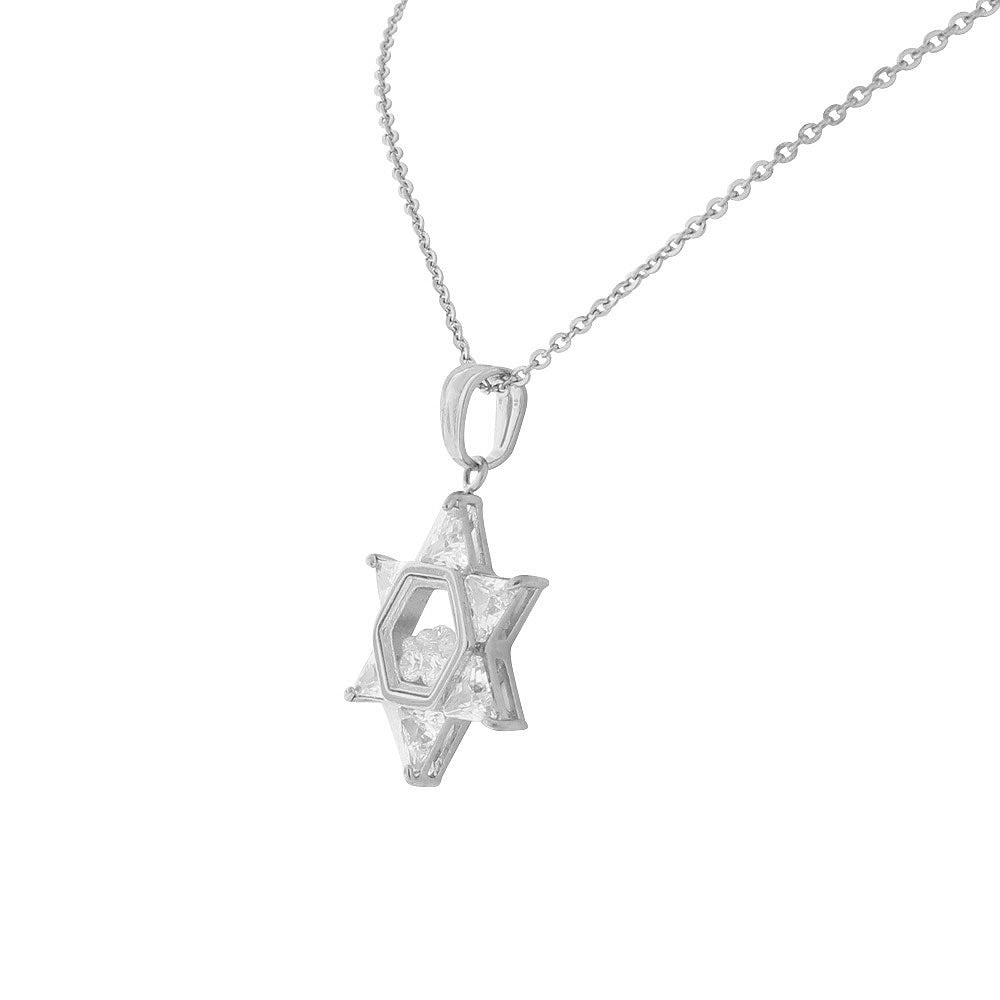 Stainless Steel Silver-Tone Clear White CZ Jewish Star of David Pendant Necklace