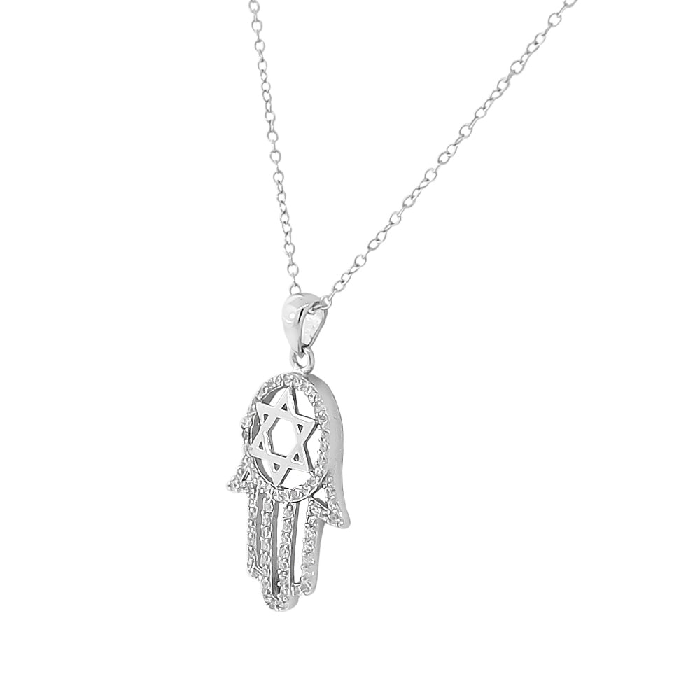 925 Sterling Silver Womens Hamsa Star of David White CZ Pendant Necklace