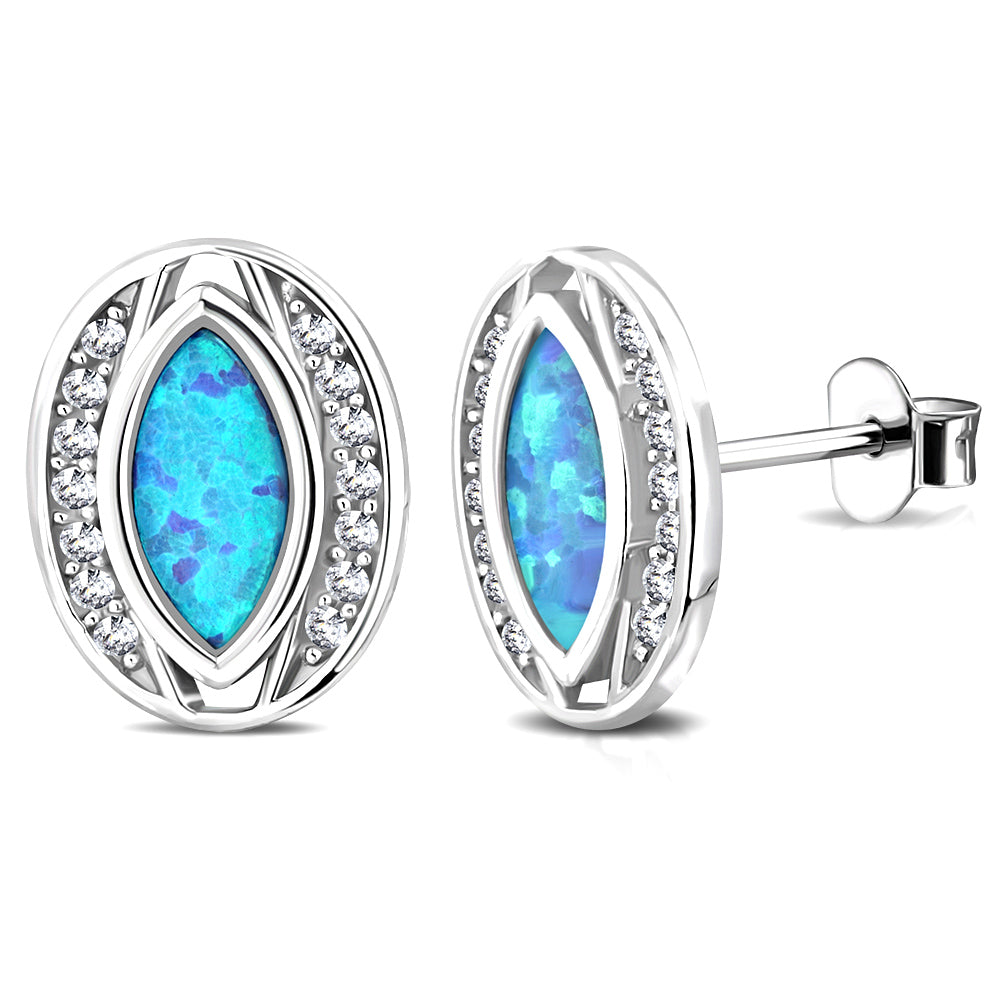 925 Sterling Silver White Clear CZ Blue Simulated Opal Oval Stud Earrings, 0.45"