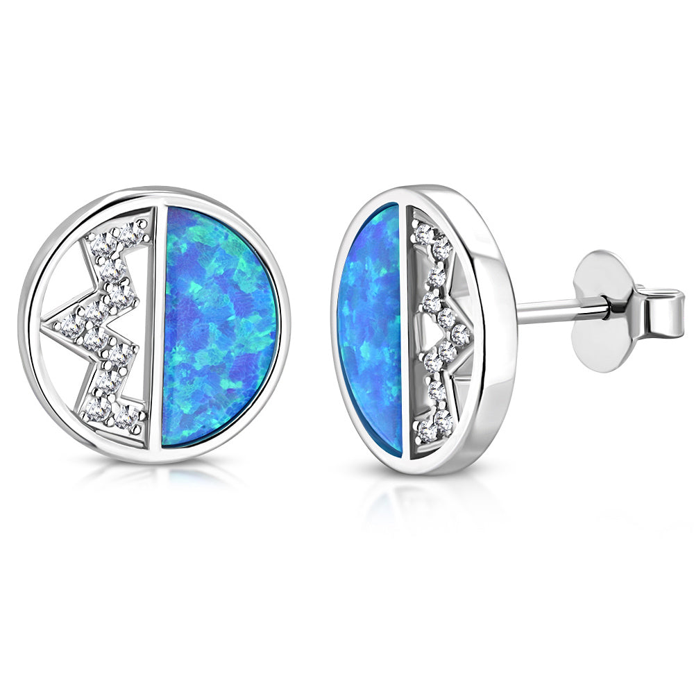 925 Sterling Silver Clear CZ Simulated Blue Opal Pendant Necklace Stud Earrings Set