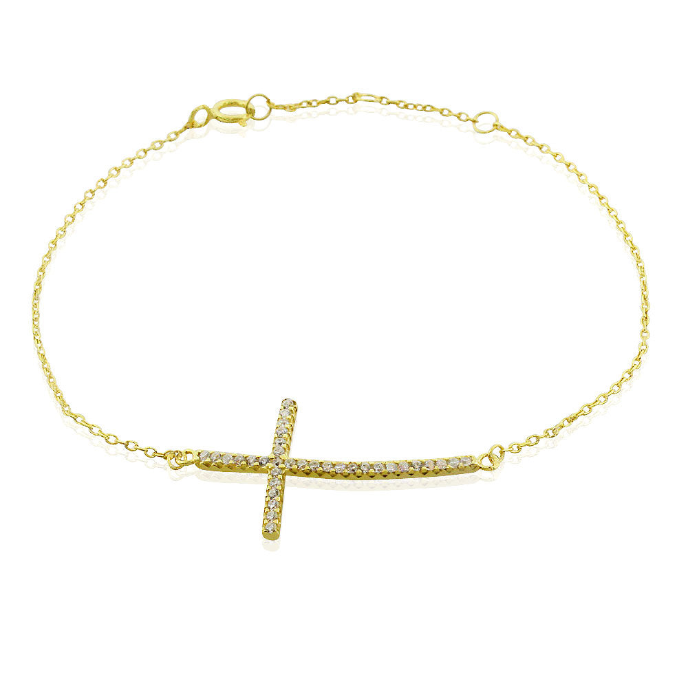 925 Sterling Silver Rose Gold-Tone Sideways White CZ Cross Link Chain Bracelet