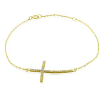 925 Sterling Silver Yellow Gold-Tone Sideways White CZ Cross Link Chain Bracelet