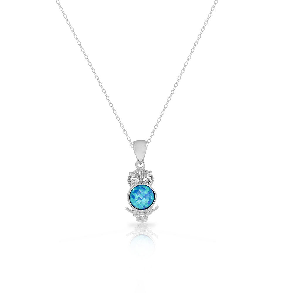925 Sterling Silver Blue Turquoise-Tone Simulated Opal White CZ Owl Pendant Necklace
