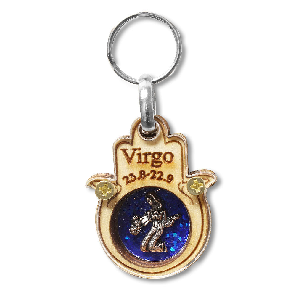 Wooden Good Luck Hamsa Hand Key Chain Keychain Zodiac Sign - Virgo - Made in Israel