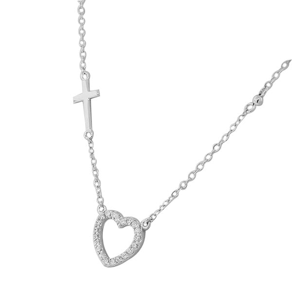 Cross Charm with Heart Necklace Sterling Silver