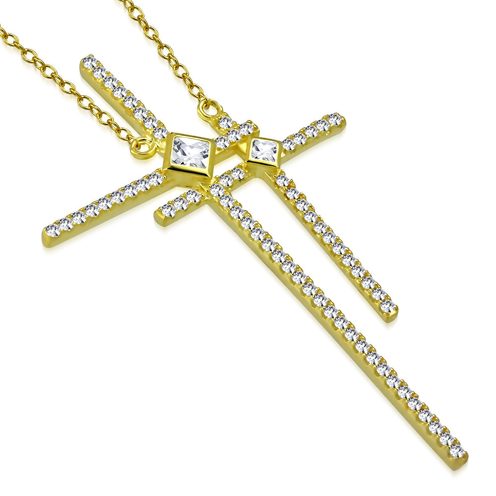 925 Sterling Silver Yellow Gold-Tone Double Cross Religious Pendant Necklace