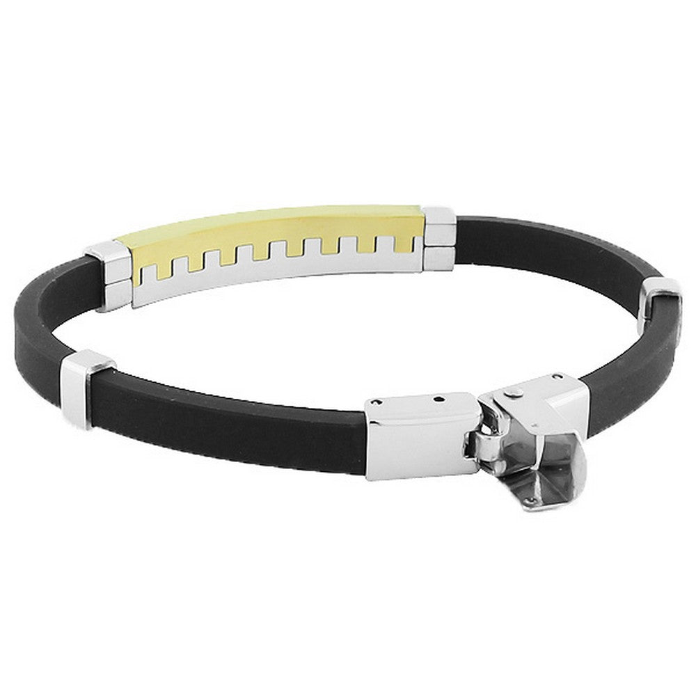Stainless Steel Black Rubber Silicone Silver Gold-Tone City Skyline Mens Bracelet