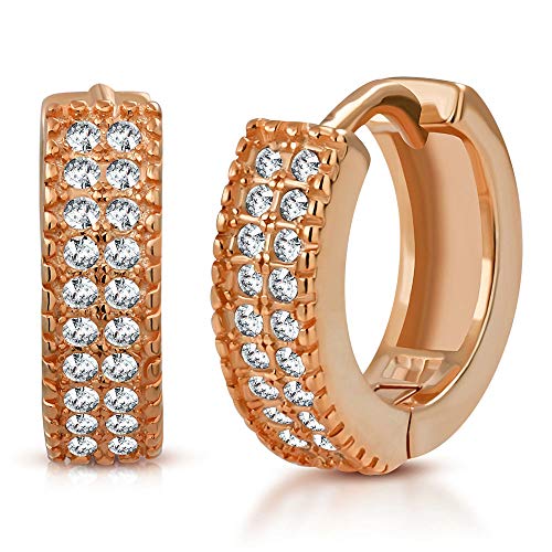 925 Sterling Silver Rose Gold-Tone White Clear CZ Hoop Earrings, 0.35"