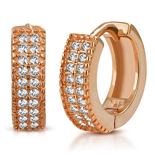Sterling Silver Rose Gold-Tone White Clear CZ Hoop Earrings, 0.35"