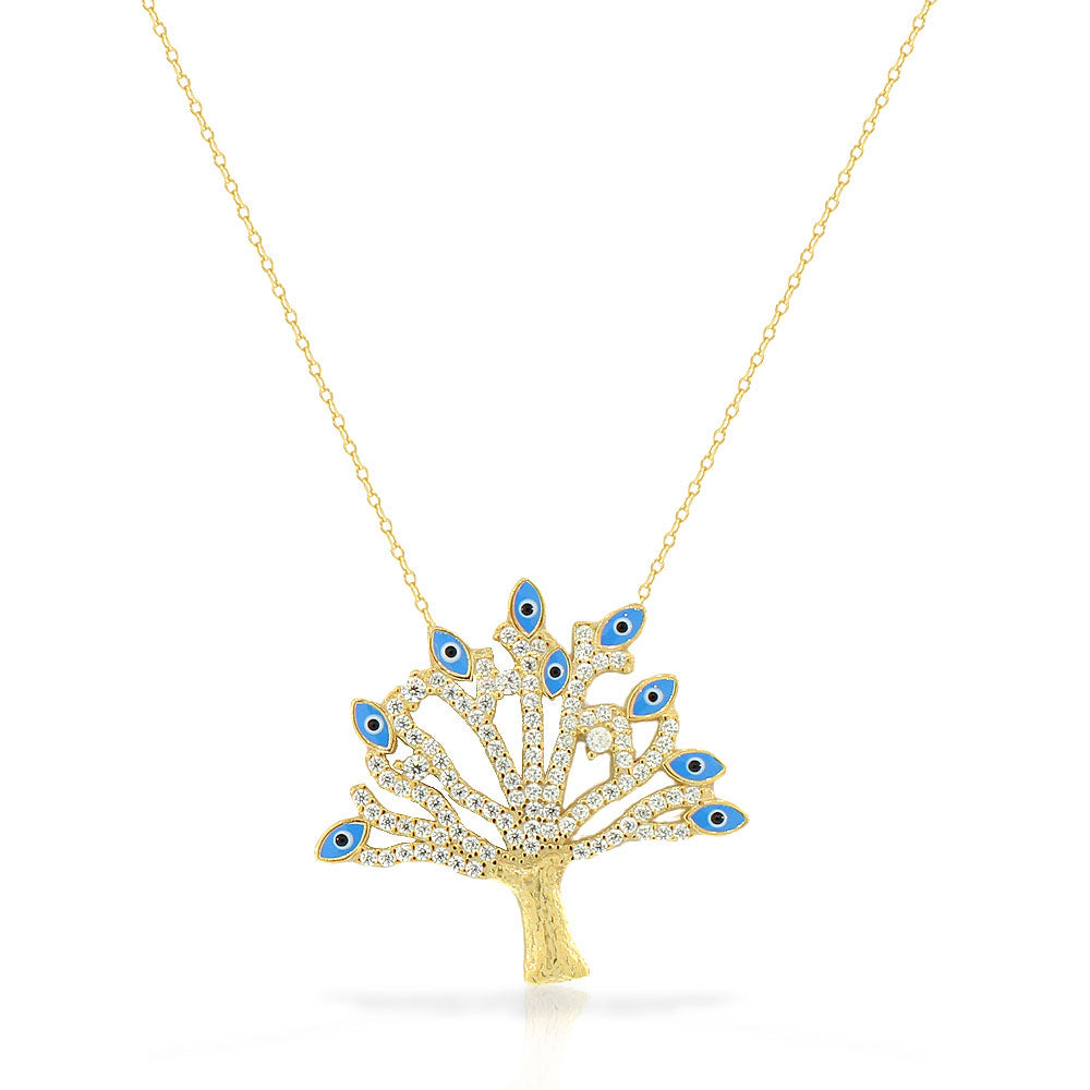 Sterling Silver Yellow Gold-Tone CZ Tree of Life Evil Eye Large Statement Pendant Necklace