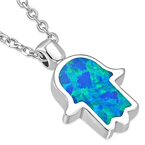 925 Sterling Silver Blue Simulated Opal Hamsa Hand Pendant Necklace