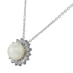 925 Sterling Silver Womens Solitaire Simulated Pearl White CZ Pendant Necklace