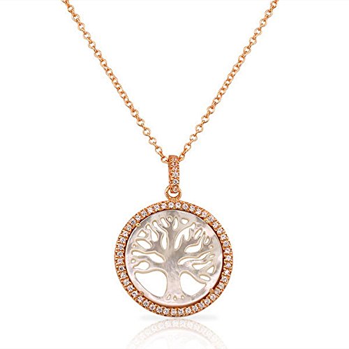 925 Sterling Silver Simulated Mother of Pearl CZ Tree of Life Classic Pendant Necklace