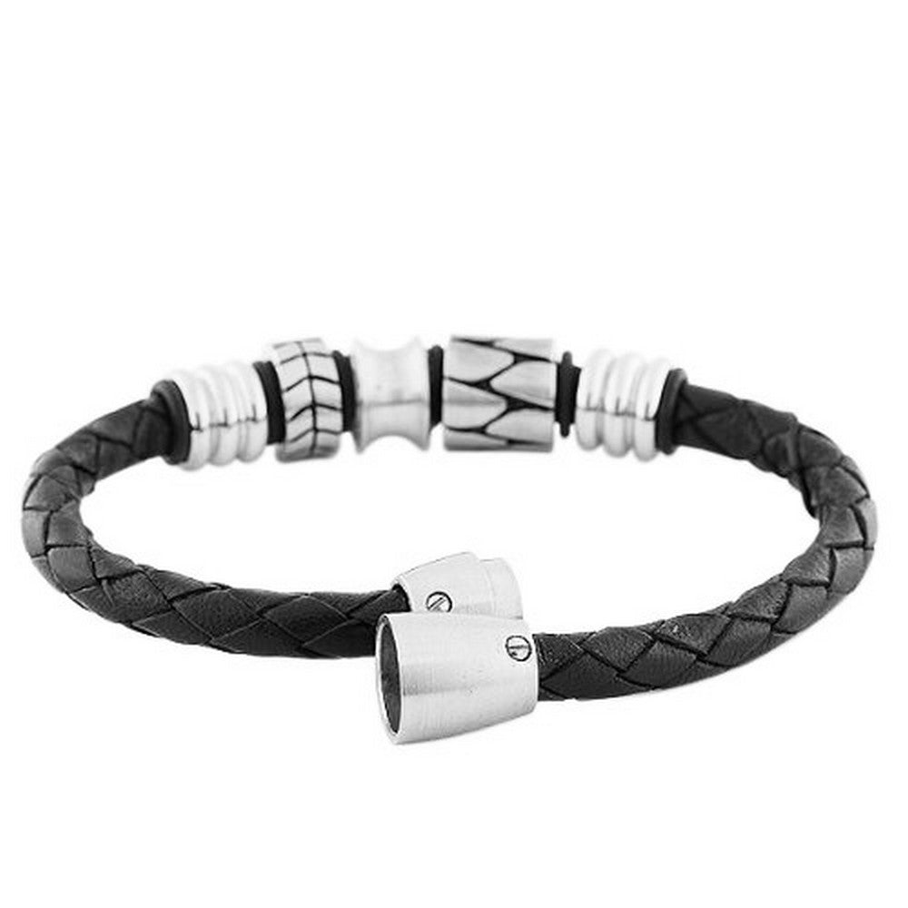 Stainless Steel Black Leather Silver-Tone Braided Men's Bracelet