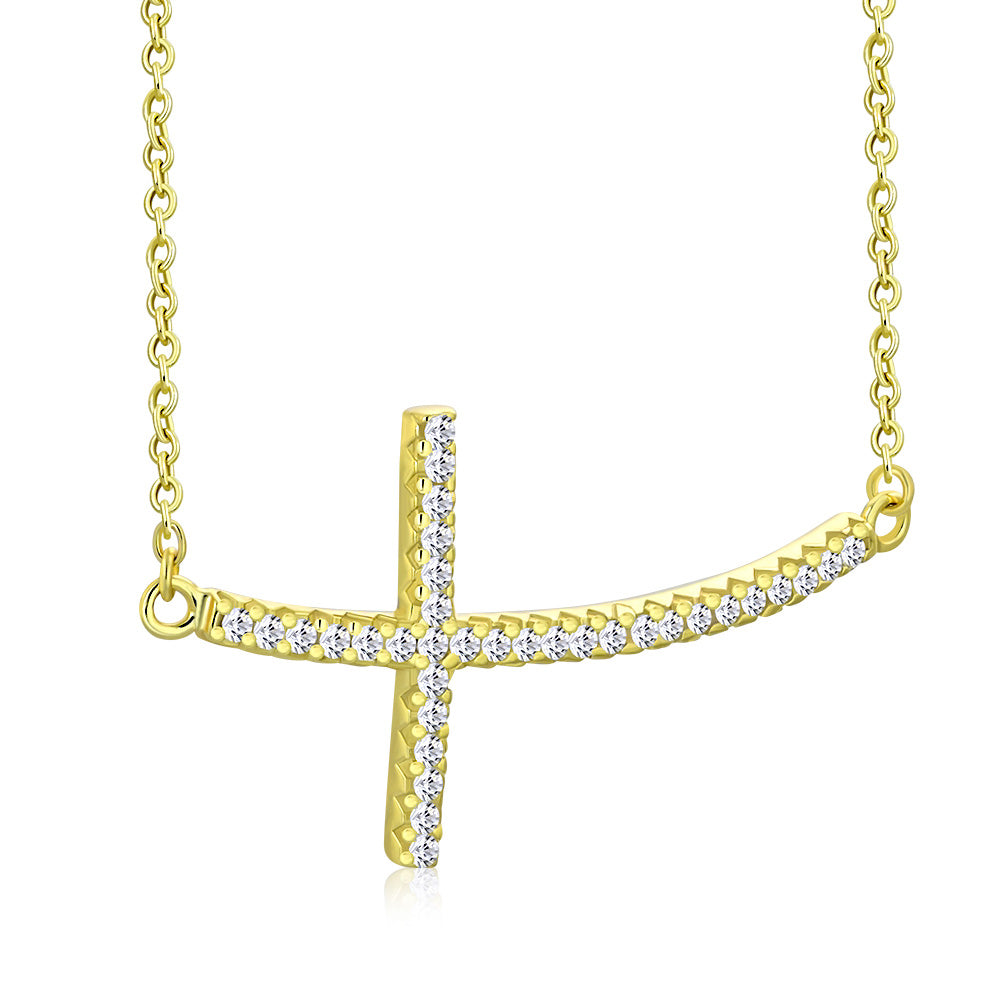 925 Sterling Silver Yellow Gold-Tone Womens Sideways Religious Cross White CZ Pendant Necklace