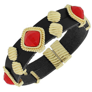 Fashion Alloy Black Faux PU Leather Yellow Gold-Tone Red Wristband Bracelet