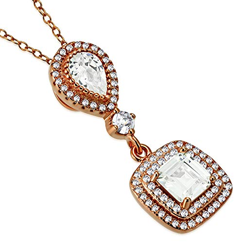 Sterling Silver Yellow Gold-Tone Square Teardrop Clear White CZ Elegant Pendant Necklace