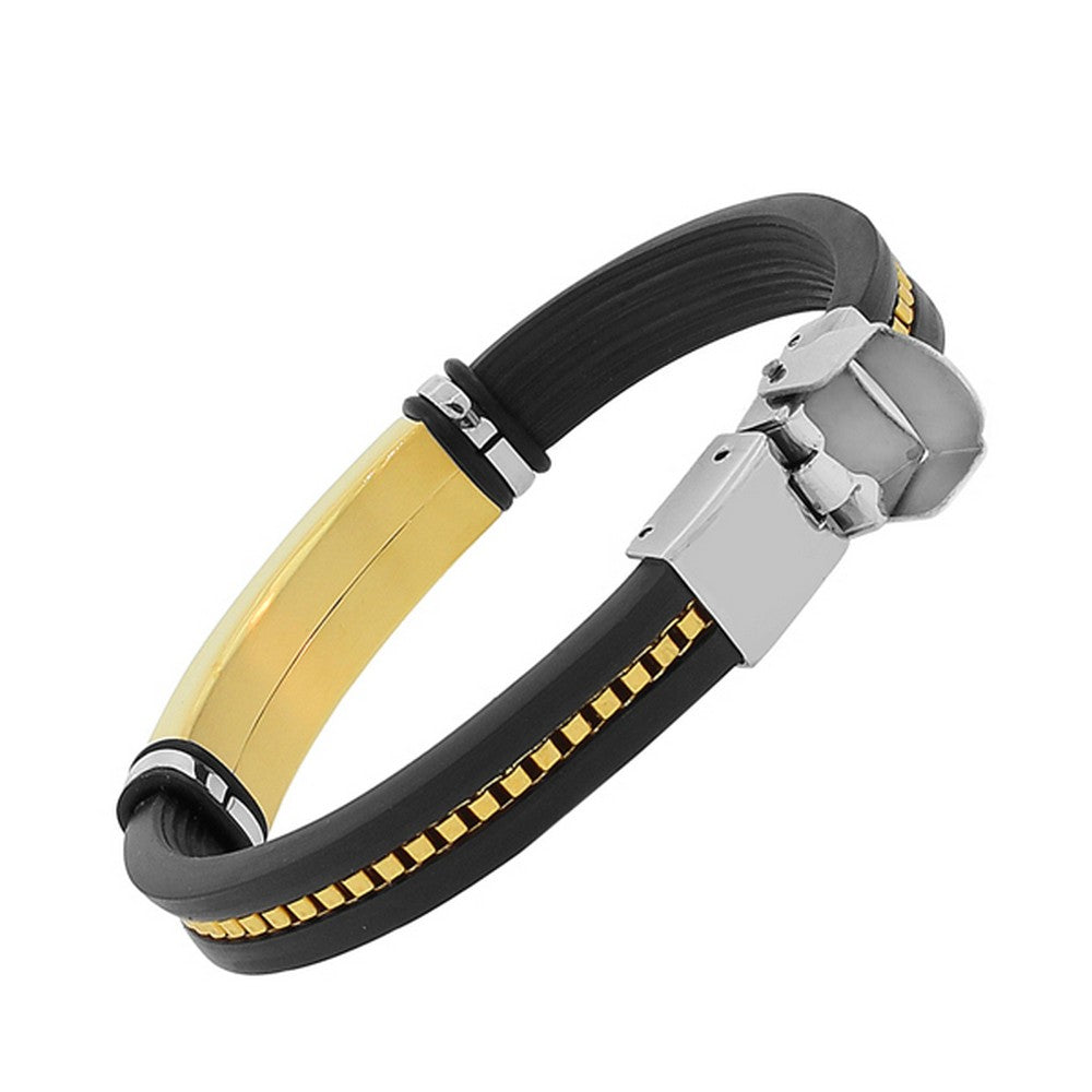 Stainless Steel Black Rubber Silicone Yellow Gold-Tone Chain Men's Bracelet