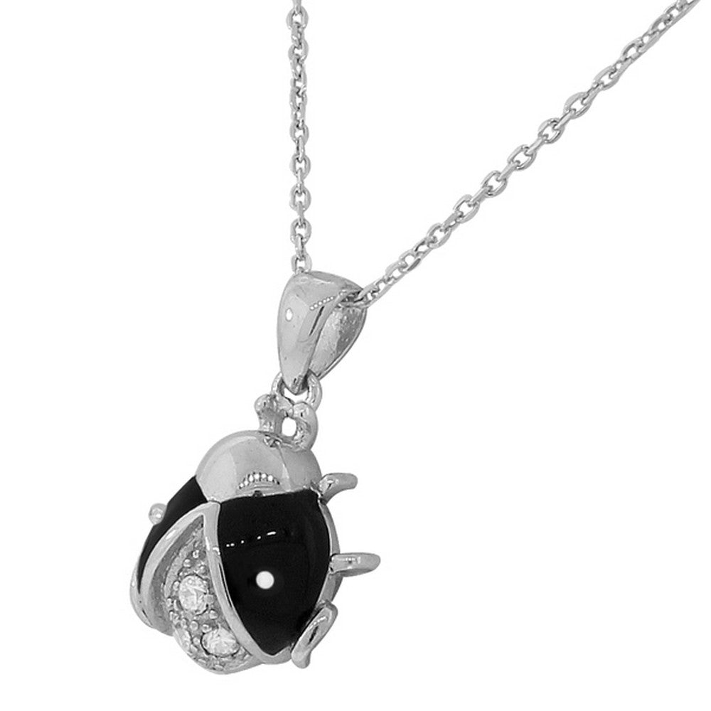 925 Sterling Silver Black Enamel Ladybug CZ Womens Pendant Necklace