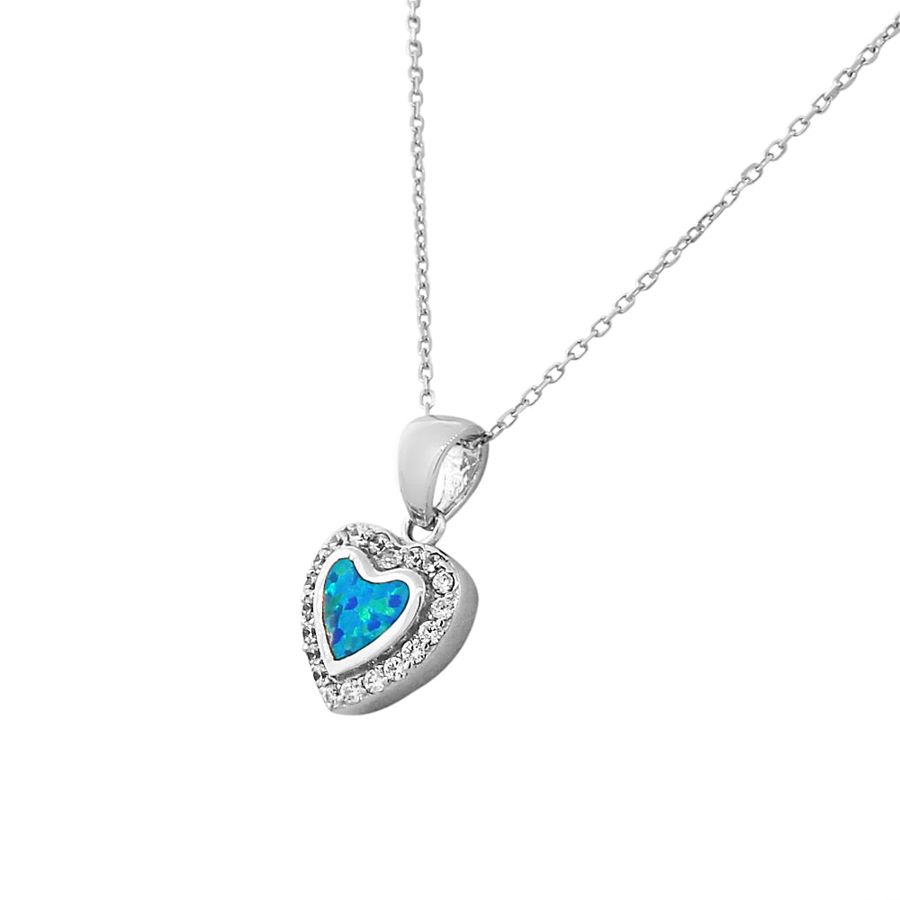 925 Sterling Silver CZ Blue Turquoise-Tone Love Heart Simulated Opal Pendant Necklace