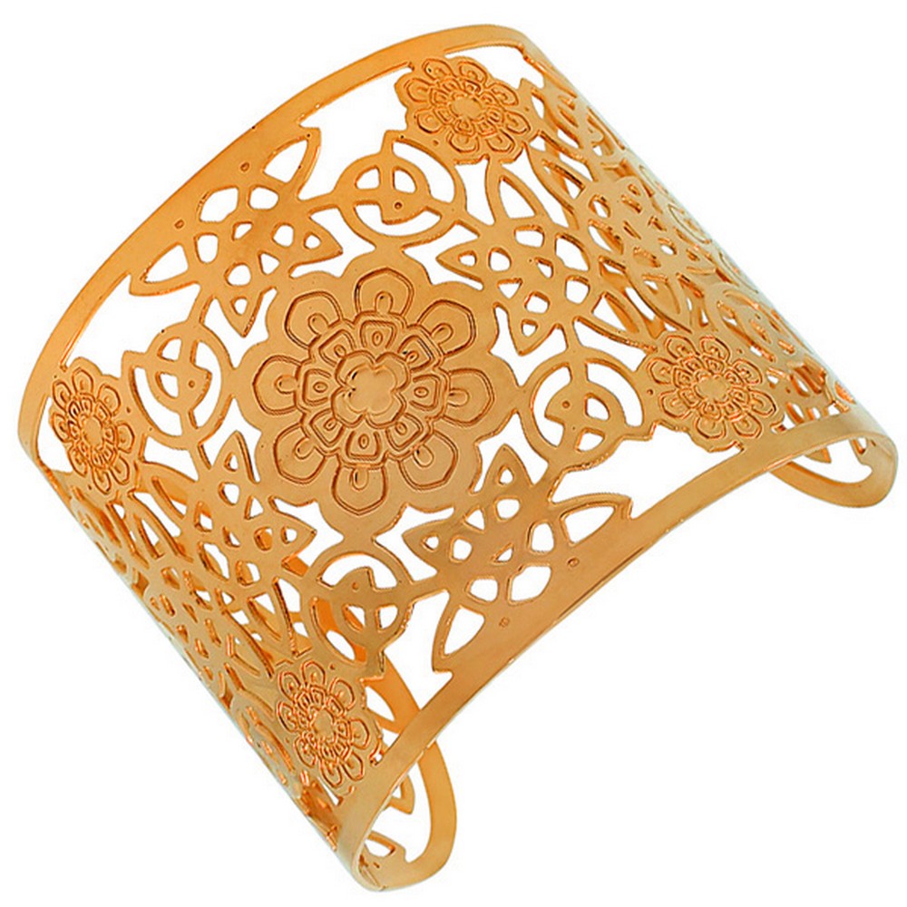Stainless Steel Rose Gold-Tone Cut-Out Design Wide Open End Cuff Bangle Bracelet