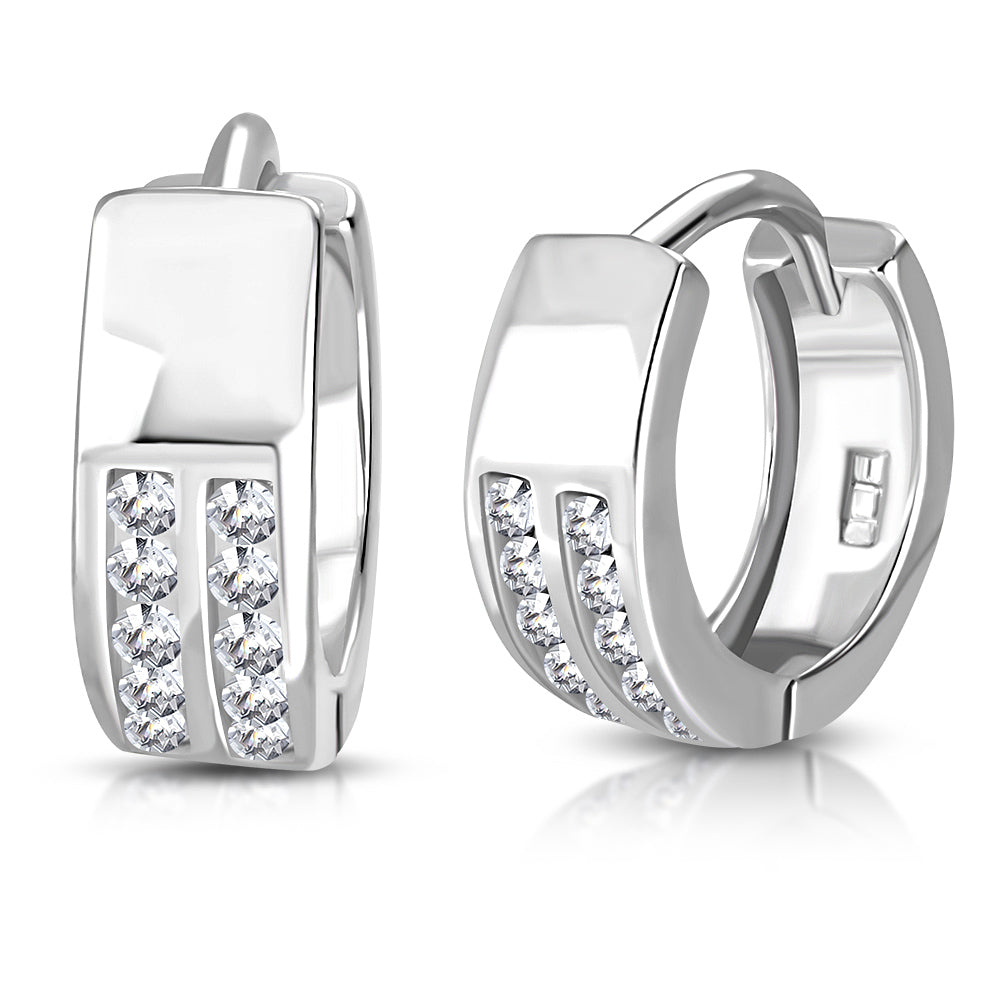 925 Sterling Silver White Clear CZ Hoop Huggie Small Girls Earrings 0.45"
