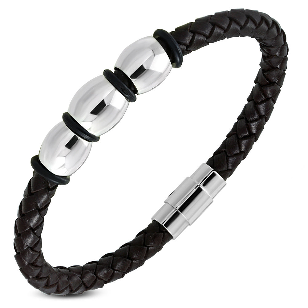 Stainless Steel Silver-Tone Black Leather Braided Wristband Bracelet, 8"