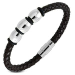 Stainless Steel Silver-Tone Black Leather Braided Wristband Bracelet, 8"