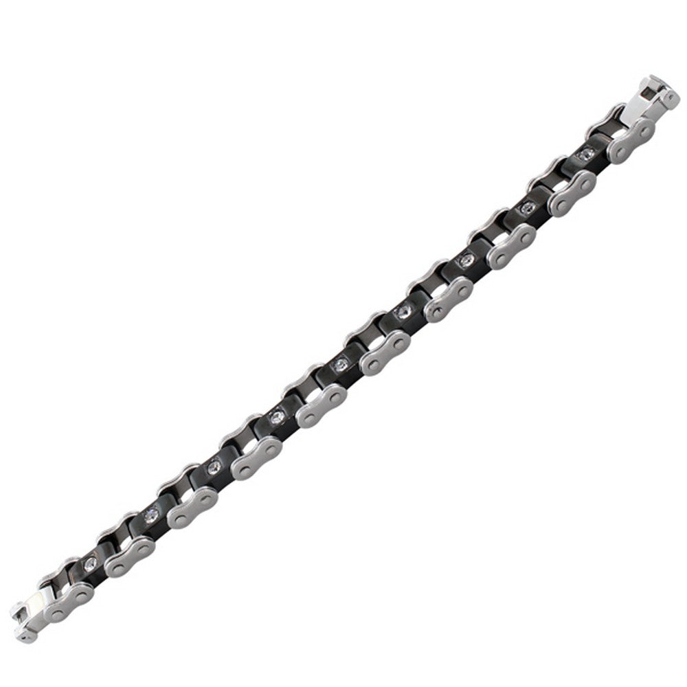 Stainless Steel Silver-Tone Black White CZ Men's Link Chain Bracelet