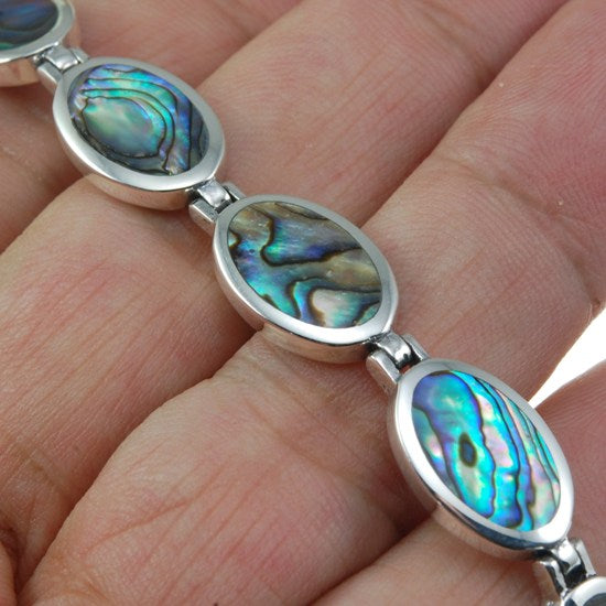 Women's Simulated Abalone Shell 925 Sterling Silver Oval Link Adjustable from 6.5" - 7.25" (inches) Bracelet