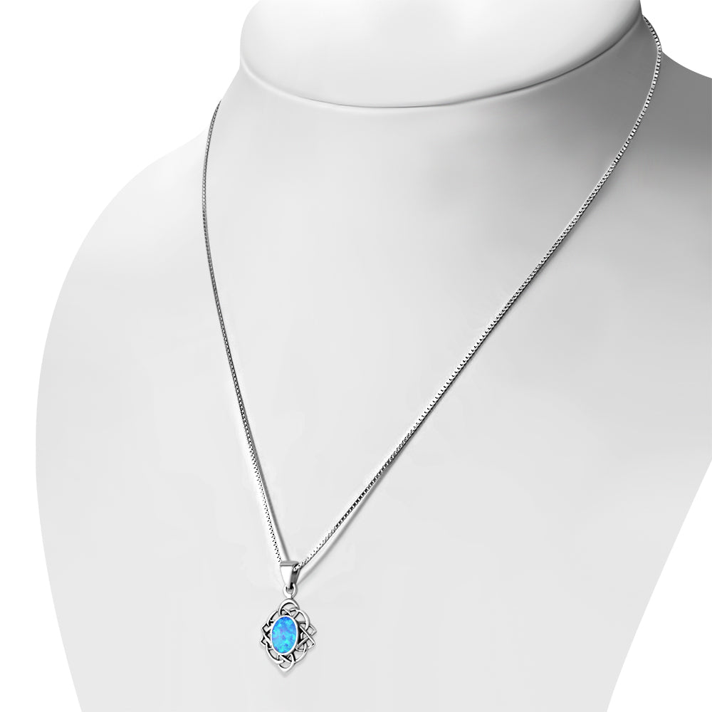 My Daily Styles Simulated Blue Opal Celtic Knot 925 Sterling Silver Pendant Necklace, 18"