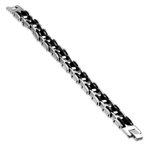 Stainless Steel Black Rubber Silver-Tone Bike Link Chain Mens Bracelet