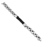 Stainless Steel Silver-Tone Braided Black Faux Leather Mens Link Bracelet, 8.5"