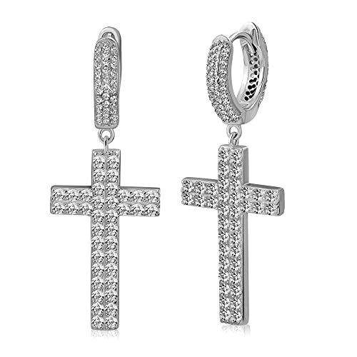 925 Sterling Silver Cross Dangle Drop Earrings Cubic Zirconia