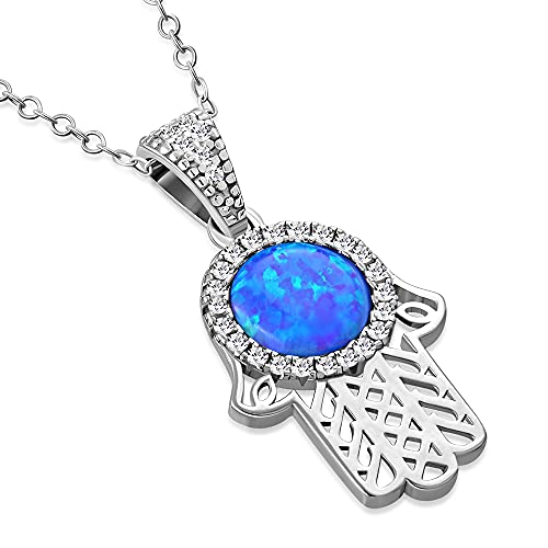 Blue Simulated Opal 925 Sterling Silver Hamsa Pendant Necklace Cubic Zirconia