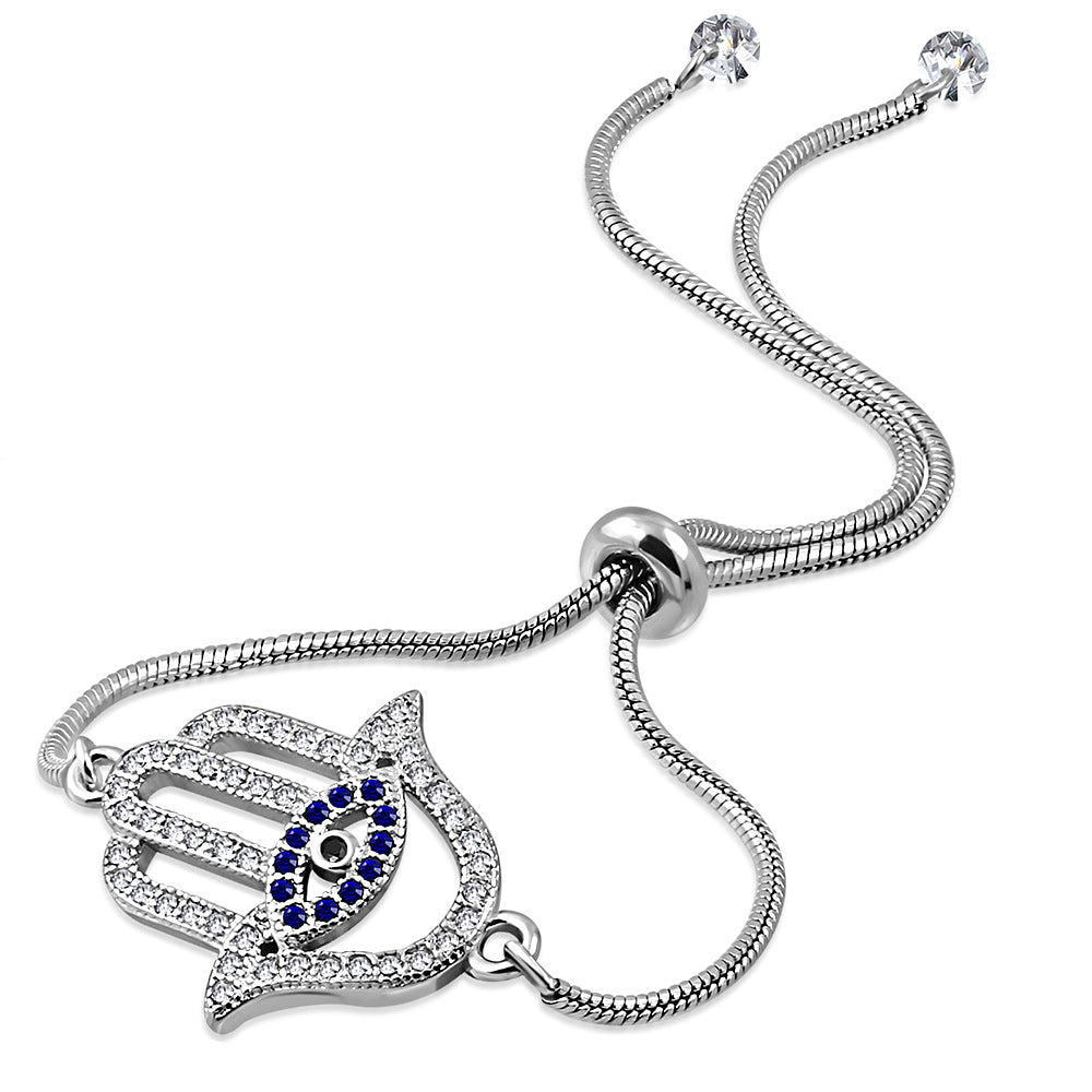 Stainless Steel Multi-Color CZ Evil Eye Hamsa Adjustable Snake Chain Bracelet