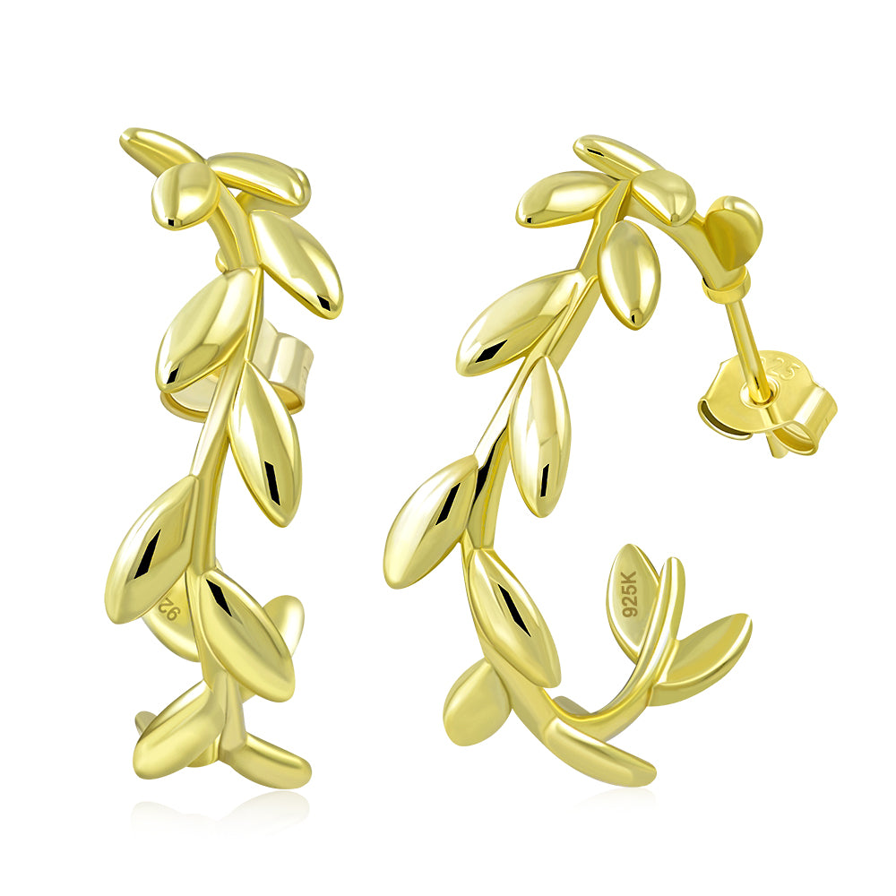 925 Sterling Silver Round Semi-Hoop 1" (Inch) Earrings Leaf Design